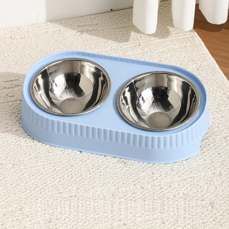 Stainless Steel Double Pet Bowl: Elevated Feeder with Non-Slip Wide Base, Dual Compartment for Food & Water with Neck Support