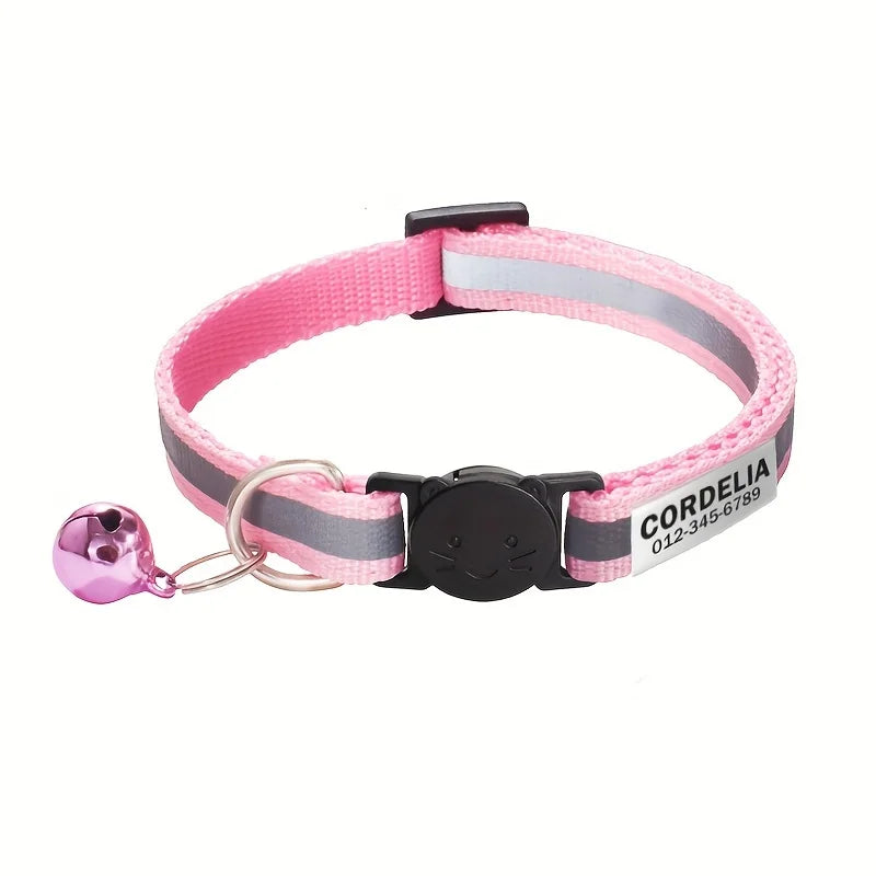 Personalized Reflective Cat Collar Safety Breakaway Cats Collars with Bell Quick Release ID Nameplate Necklace Free Engraving