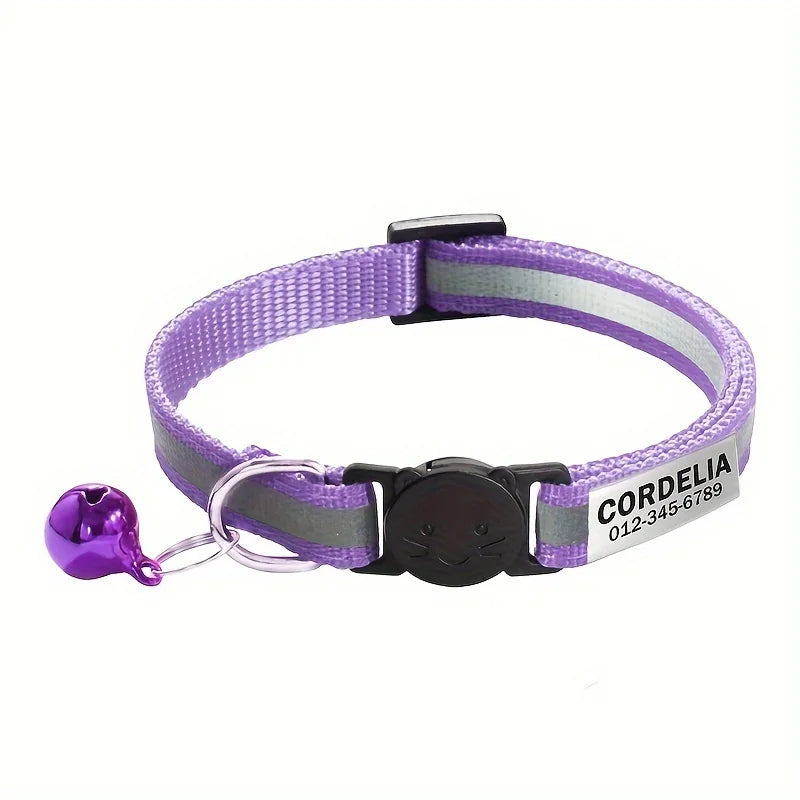 Personalized Reflective Cat Collar Safety Breakaway Cats Collars with Bell Quick Release ID Nameplate Necklace Free Engraving