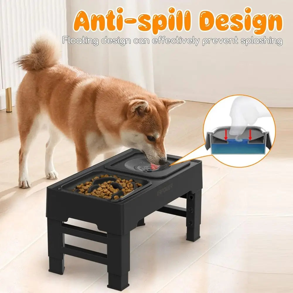 2-in-1 Elevated Slow Feeder Dog Bowls with No-Spill Water Bowl, 4 Height-Adjustable Raised Dog Bowls, Non-Slip Food and Water Bo