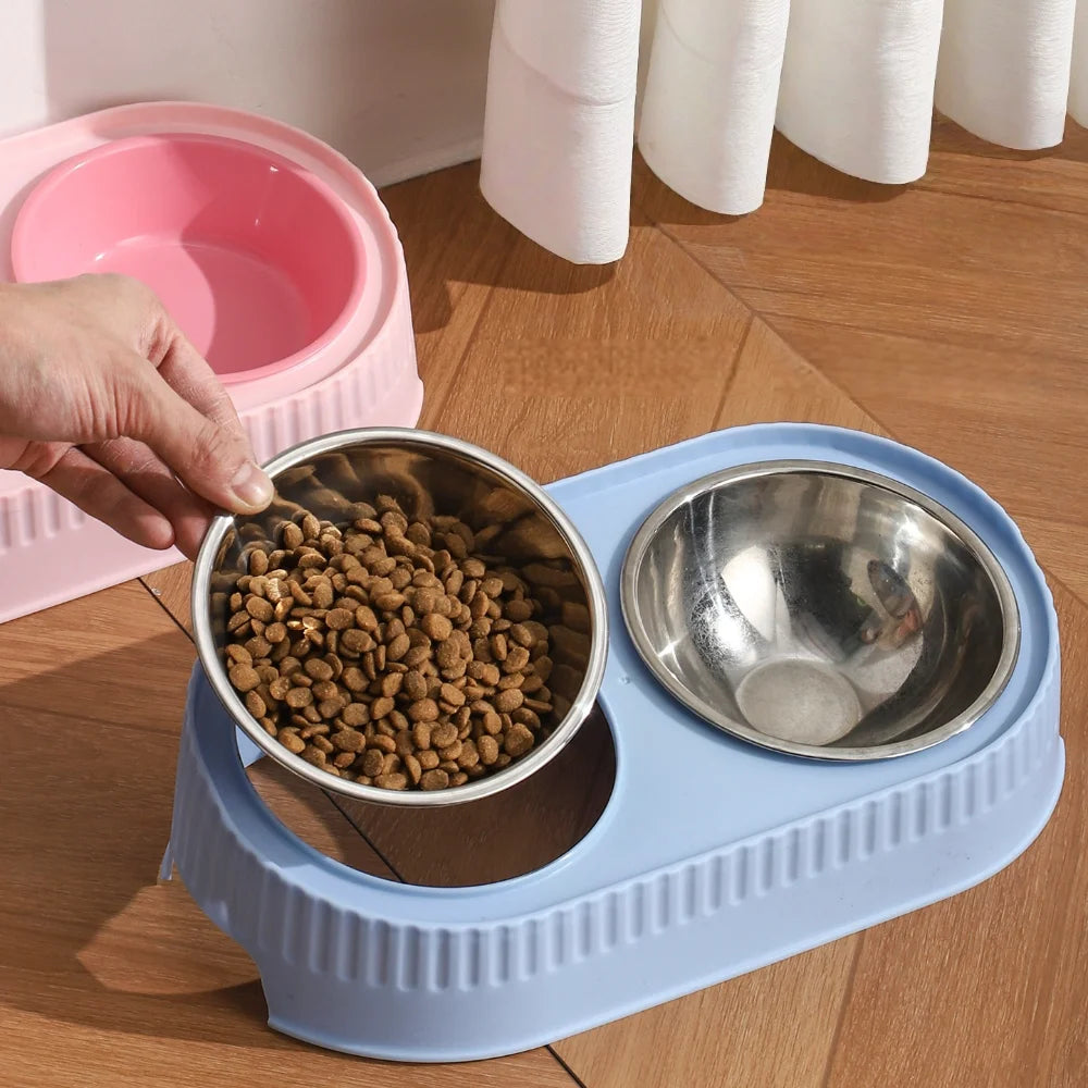 Stainless Steel Double Pet Bowl: Elevated Feeder with Non-Slip Wide Base, Dual Compartment for Food & Water with Neck Support
