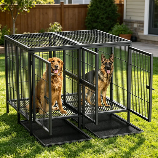 XXXL Large Heavy Duty Metal Dog Cage Raised Crate Pet Playpen Kennel Partition for 2 Dogs with Double Door Tray Divider Playpen
