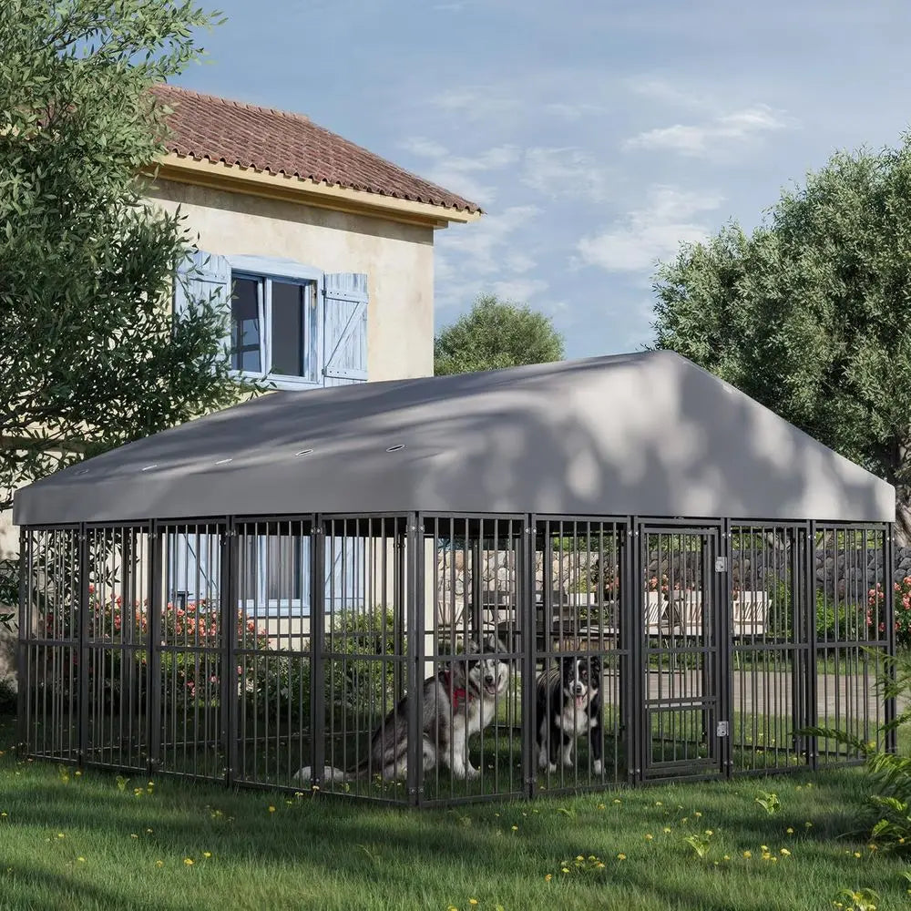 Durable 10x10ft Outdoor Dog Kennel with Feeding Door, Roof, and Double Safety Locks