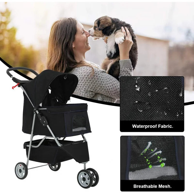 3-Wheel Pet Stroller Breathable Mesh, Lightweight Travel Carrier for Dogs & Cats,Waterproof, Foldable Design with Storage Basket