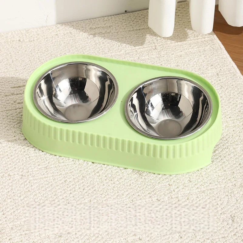 Stainless Steel Double Pet Bowl: Elevated Feeder with Non-Slip Wide Base, Dual Compartment for Food & Water with Neck Support