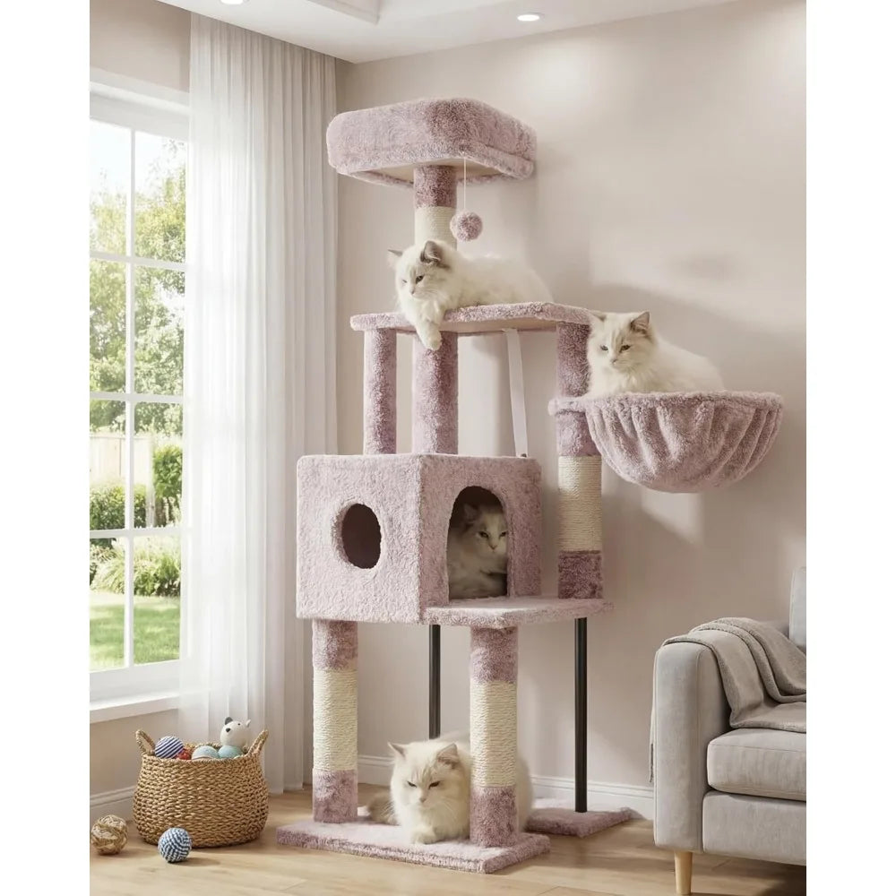 49 Inch Multi Level Cat Tower Condo with Hidden Space Steel Frame Plush Perch Hammock and Sisal Posts
